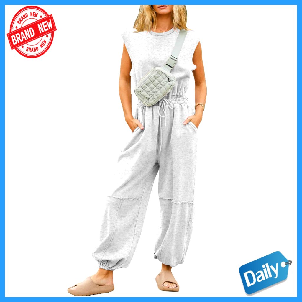 Cotton Jumpsuit With Pockets, Drawstring Waist, Casual Romper For Women